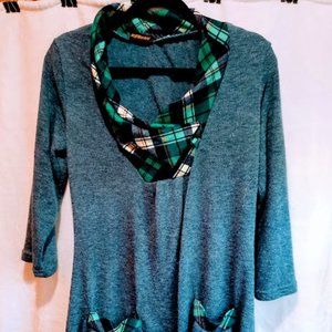 Cozy Teal Acrylic Tunic with Plaid Cowl-Type Neck, 3/4 Sleeves and Pockets